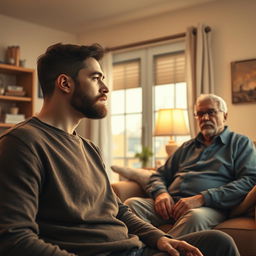 An artistic and surreal interpretation of two figures: a tall, fair-skinned young man with a beard but no mustache, experiencing a moment of introspection