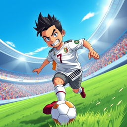 A dynamic anime-style illustration of a male soccer player resembling Cristiano Ronaldo, featuring vibrant colors and exaggerated expressions typical of anime art