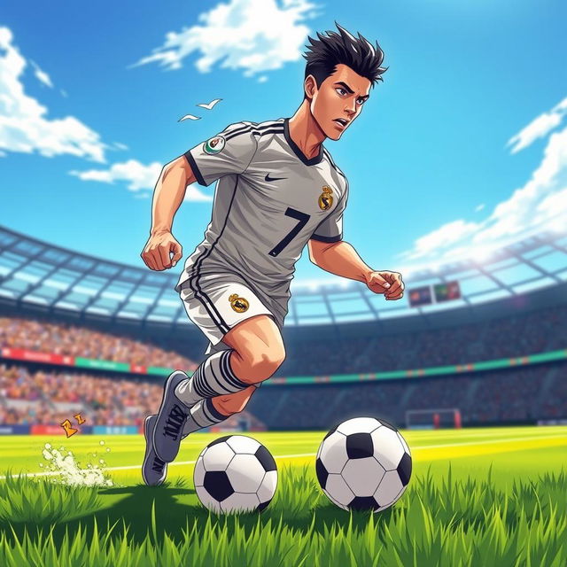 A dynamic anime-style illustration of a male soccer player resembling Cristiano Ronaldo, featuring vibrant colors and exaggerated expressions typical of anime art