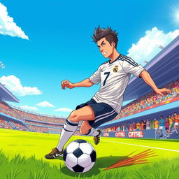 A dynamic anime-style illustration of a male soccer player resembling Cristiano Ronaldo, featuring vibrant colors and exaggerated expressions typical of anime art