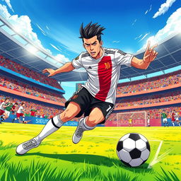 A dynamic anime-style illustration of a male soccer player resembling Cristiano Ronaldo, featuring vibrant colors and exaggerated expressions typical of anime art