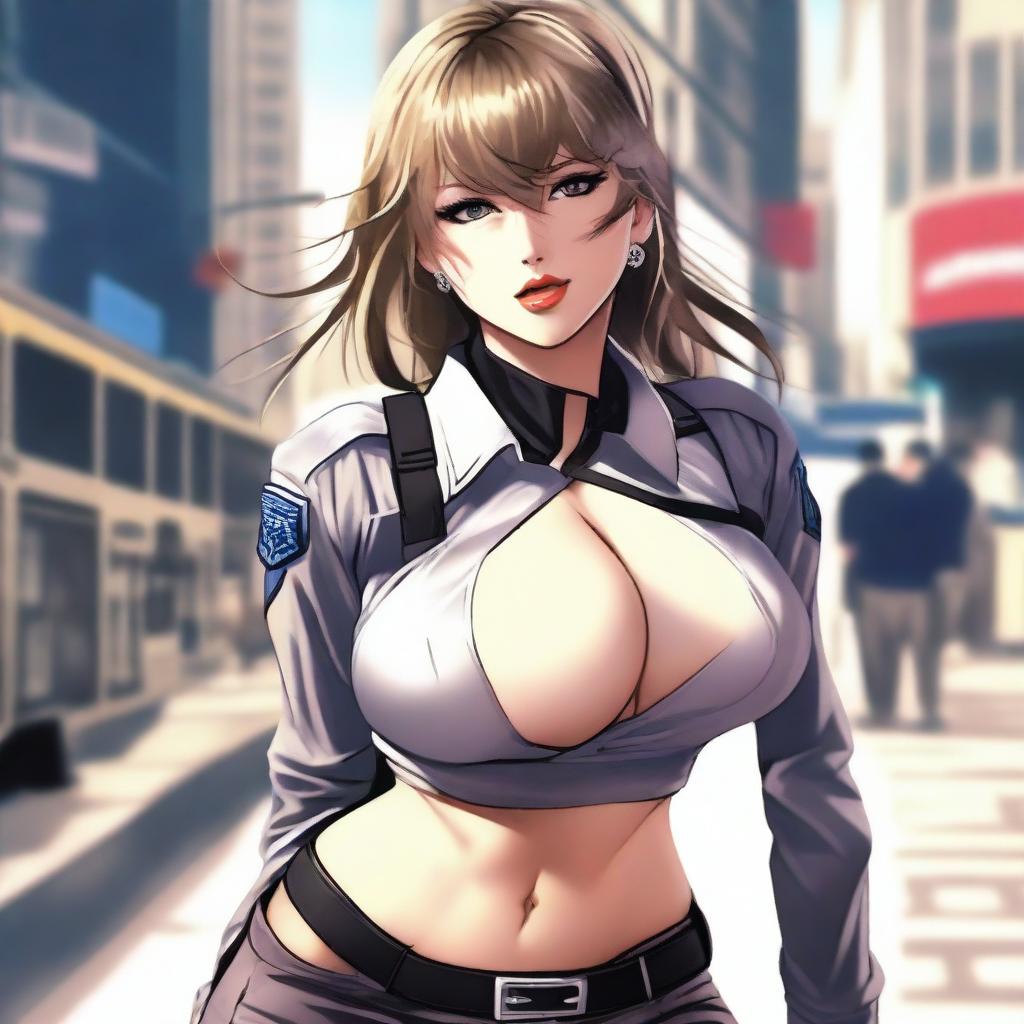 A 4K quality masterpiece of anime art featuring Taylor Swift in a provocative cop outfit