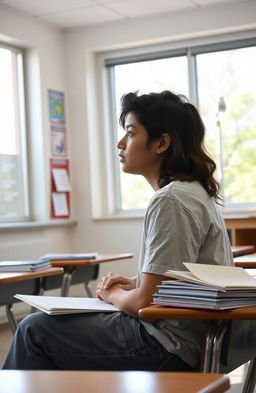 A high school student sitting in a classroom, facing a large window with natural light streaming in