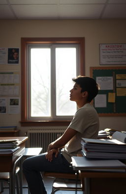 A high school student sitting in a classroom, facing a large window with natural light streaming in
