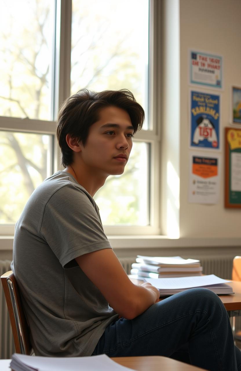 A high school student sitting in a classroom, facing a large window with natural light streaming in