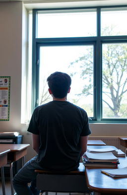 A high school student sitting in a classroom, facing a large window with natural light streaming in