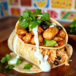 A delicious burrito styled adobo, featuring tender marinated chicken in a rich, savory sauce, wrapped in a warm tortilla