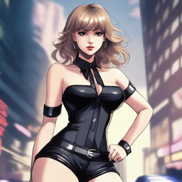 A 4K quality masterpiece of anime art featuring Taylor Swift in a provocative cop outfit