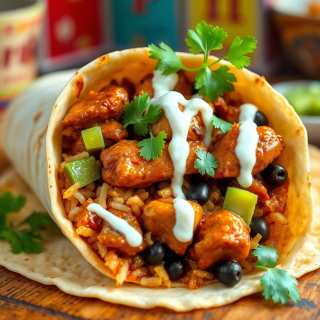 A delicious burrito styled adobo, featuring tender marinated chicken in a rich, savory sauce, wrapped in a warm tortilla