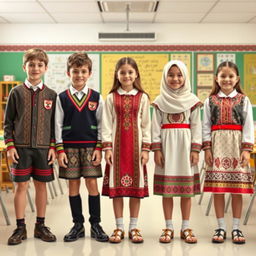 A collection of diverse school uniforms featuring traditional Iranian designs, showcasing various ethnic groups from Iran
