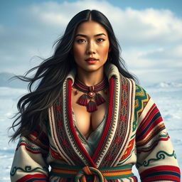 A stunningly realistic portrait of a beautiful Inuit woman dressed in traditional attire, showcasing intricate patterns and vibrant colors