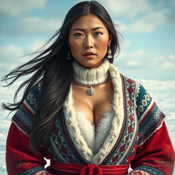 A stunningly realistic portrait of a beautiful Inuit woman dressed in traditional attire, showcasing intricate patterns and vibrant colors