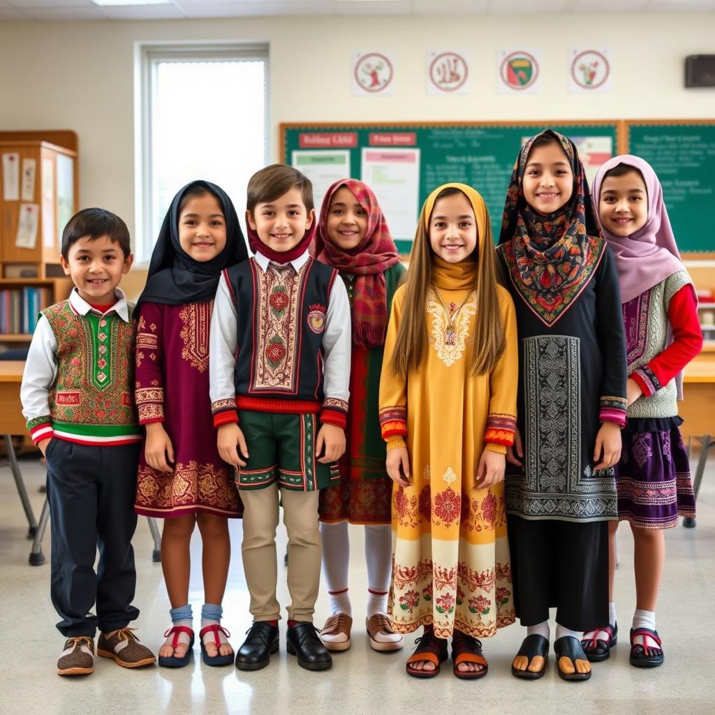 A collection of diverse school uniforms featuring traditional Iranian designs, showcasing various ethnic groups from Iran