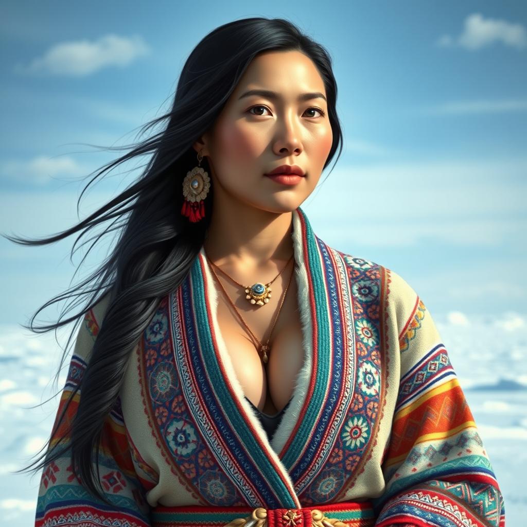 A stunningly realistic portrait of a beautiful Inuit woman dressed in traditional attire, showcasing intricate patterns and vibrant colors