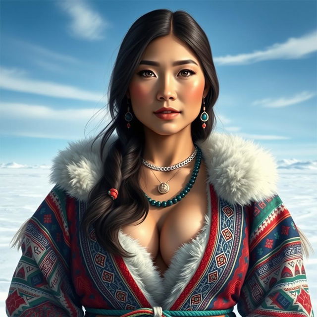 A stunningly realistic portrait of a beautiful Inuit woman dressed in traditional attire, showcasing intricate patterns and vibrant colors