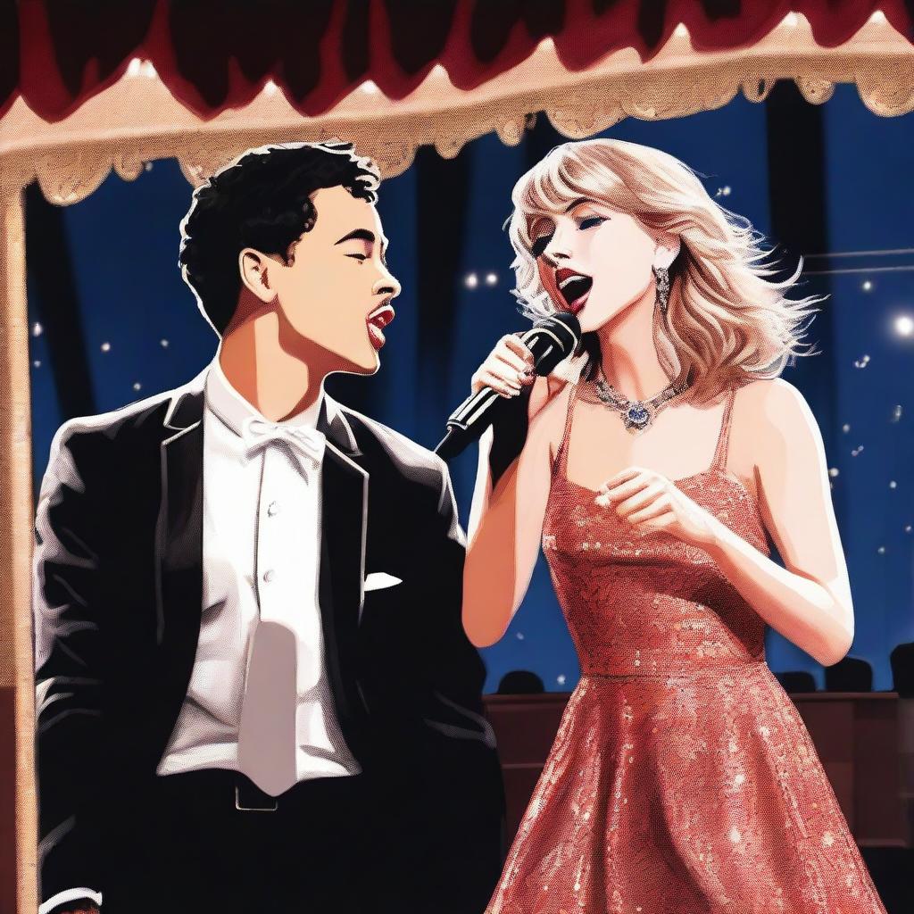 This is a high-quality digital art illustration featuring Anthony Ramos and Taylor Swift on a Broadway stage