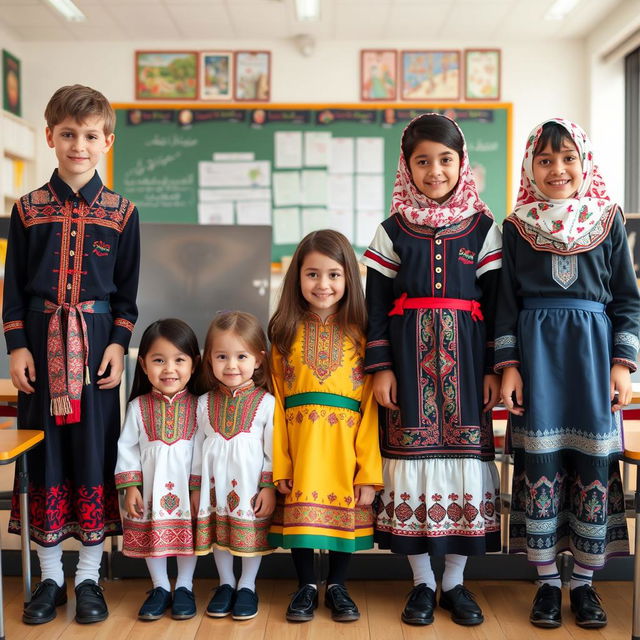 A collection of diverse school uniforms featuring traditional Iranian designs, showcasing various ethnic groups from Iran