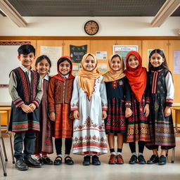 A collection of diverse school uniforms featuring traditional Iranian designs, showcasing various ethnic groups from Iran