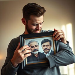 A tall, fair-skinned young man with a beard but no mustache, passionately embracing a framed photo of his father who has prominent black mustaches