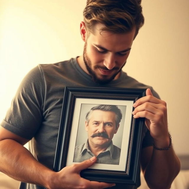 A tall, fair-skinned young man with a beard but no mustache, passionately embracing a framed photo of his father who has prominent black mustaches