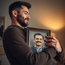 A tall, fair-skinned young man with a beard but no mustache, passionately embracing a framed photo of his father who has prominent black mustaches