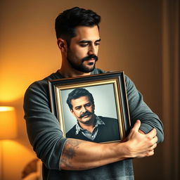A tall, fair-skinned young man with a beard but no mustache, passionately embracing a framed photo of his father who has prominent black mustaches