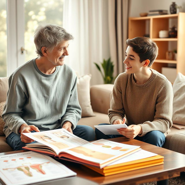 A warm and enlightening scene depicting an understanding mother and her teenage son engaged in an open and honest conversation about sex education