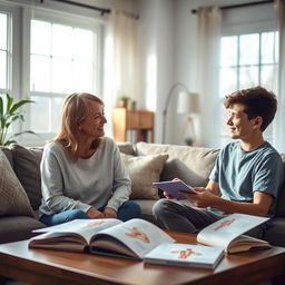 A warm and enlightening scene depicting an understanding mother and her teenage son engaged in an open and honest conversation about sex education