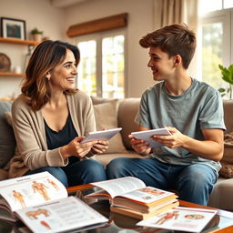 A warm and enlightening scene depicting an understanding mother and her teenage son engaged in an open and honest conversation about sex education