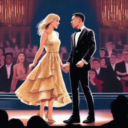 This is a high-quality digital art illustration featuring Anthony Ramos and Taylor Swift on a Broadway stage