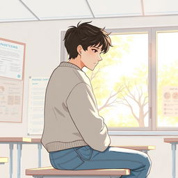 A high school student sitting in a classroom, facing a large window with soft, dappled light filtering through