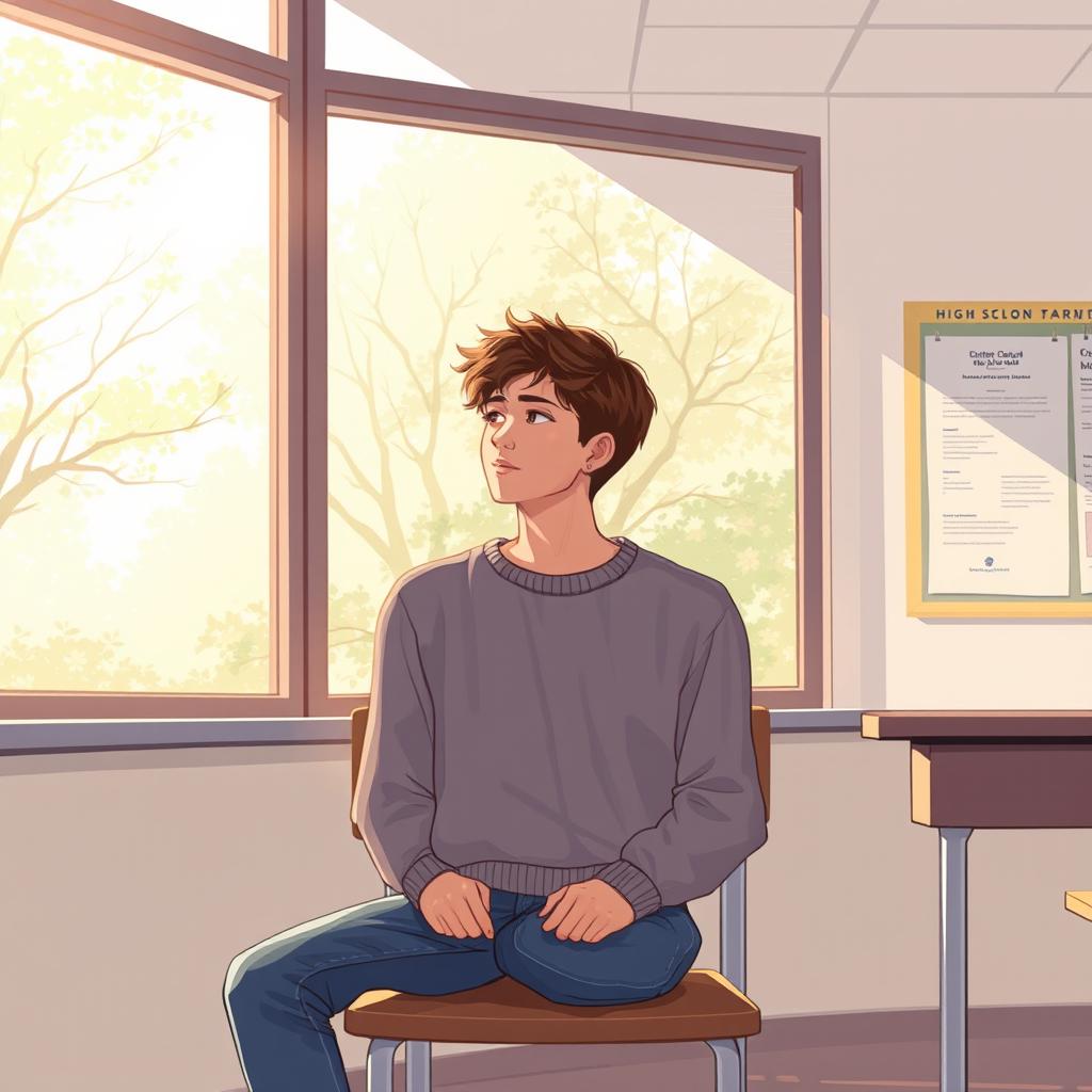 A high school student sitting in a classroom, facing a large window with soft, dappled light filtering through