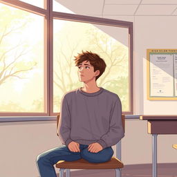 A high school student sitting in a classroom, facing a large window with soft, dappled light filtering through