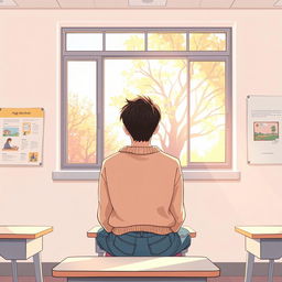A high school student sitting in a classroom, facing a large window with soft, dappled light filtering through