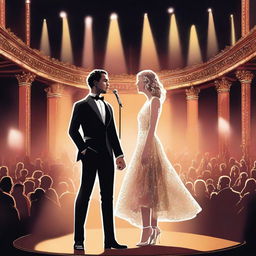 This is a high-quality digital art illustration featuring Anthony Ramos and Taylor Swift on a Broadway stage