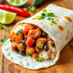 A delicious burrito inspired by traditional Filipino adobo, featuring tender chunks of marinated chicken cooked in a rich, savory soy sauce and vinegar blend