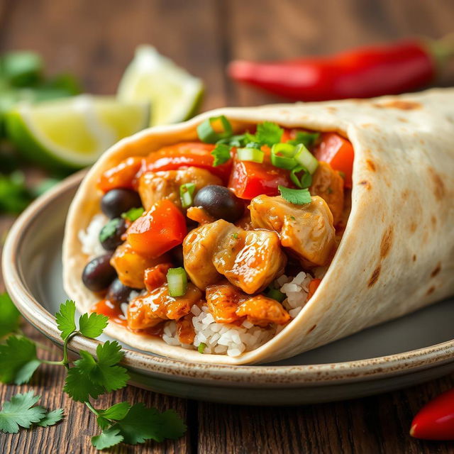 A delicious burrito inspired by traditional Filipino adobo, featuring tender chunks of marinated chicken cooked in a rich, savory soy sauce and vinegar blend