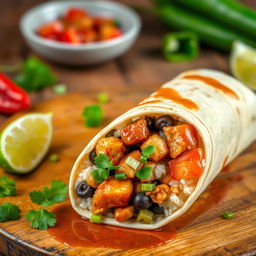 A delicious burrito inspired by traditional Filipino adobo, featuring tender chunks of marinated chicken cooked in a rich, savory soy sauce and vinegar blend