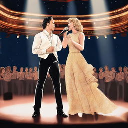 This is a high-quality digital art illustration featuring Anthony Ramos and Taylor Swift on a Broadway stage