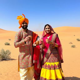 A picturesque scene in the Rajasthan desert, featuring two friends enjoying traditional bang while dressed in vibrant Rajasthani attire