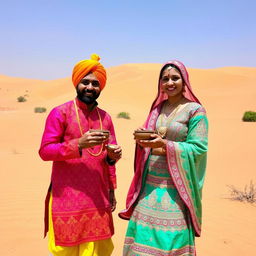 A picturesque scene in the Rajasthan desert, featuring two friends enjoying traditional bang while dressed in vibrant Rajasthani attire