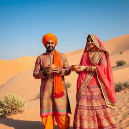 A picturesque scene in the Rajasthan desert, featuring two friends enjoying traditional bang while dressed in vibrant Rajasthani attire