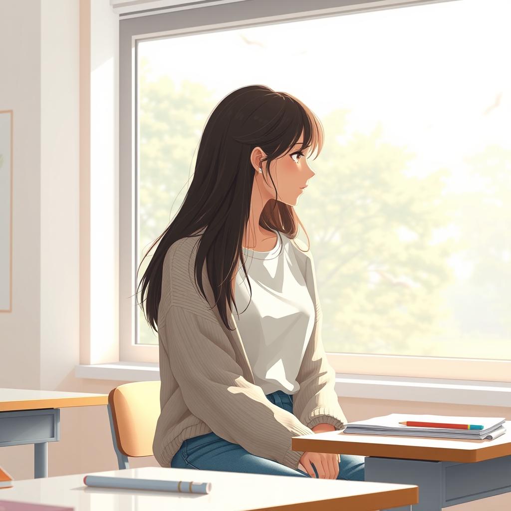 A high school female student sitting in a classroom, facing a large window with gentle, diffused sunlight pouring in