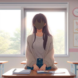 A high school female student sitting in a classroom, facing a large window with gentle, diffused sunlight pouring in