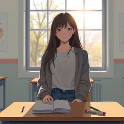 A high school female student sitting in a classroom, facing a large window with gentle, diffused sunlight pouring in