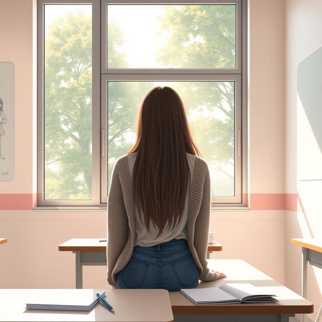 A high school female student sitting in a classroom, facing a large window with gentle, diffused sunlight pouring in