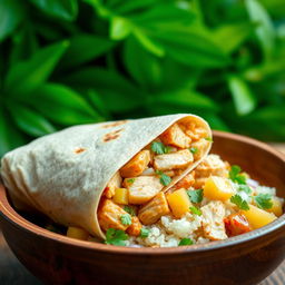 A delicious view of a burrito styled like Filipino adobo, featuring tender chicken and a rich soy sauce marinade rolled inside a warm tortilla