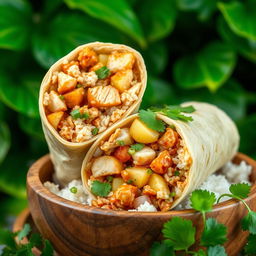 A delicious view of a burrito styled like Filipino adobo, featuring tender chicken and a rich soy sauce marinade rolled inside a warm tortilla