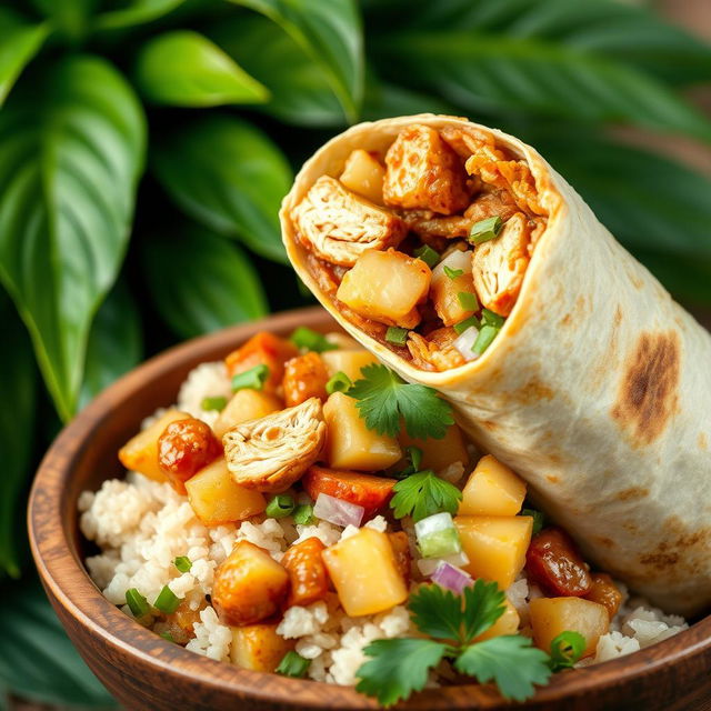 A delicious view of a burrito styled like Filipino adobo, featuring tender chicken and a rich soy sauce marinade rolled inside a warm tortilla