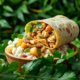 A delicious view of a burrito styled like Filipino adobo, featuring tender chicken and a rich soy sauce marinade rolled inside a warm tortilla